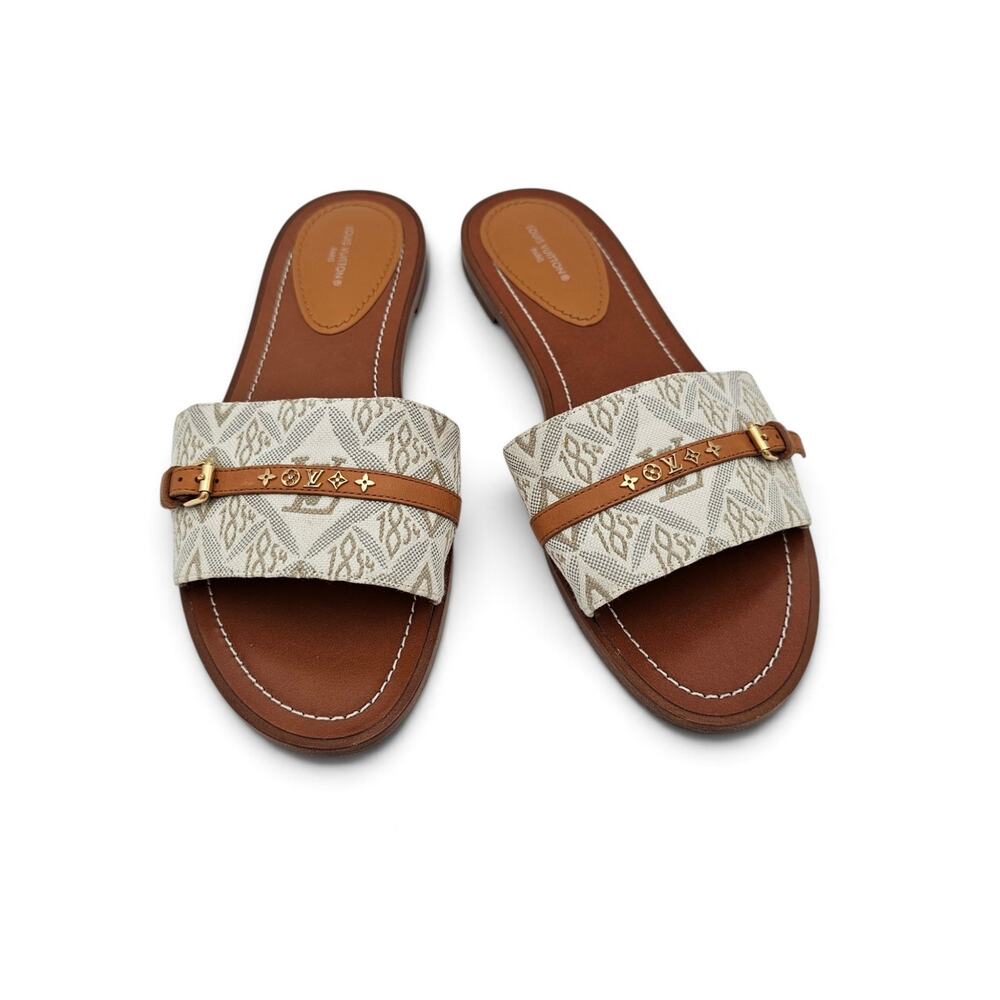 Louis Vuitton Lock It Flat Slide Sandal LV Monogram Brown Leather Size 39 9